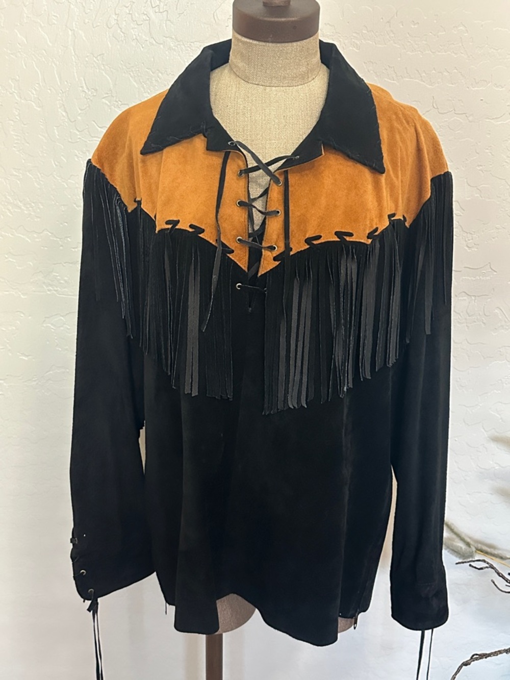 Vintage Pioneer City Suede Fringe Western Top Jacket Black Tan Lace Up Size L